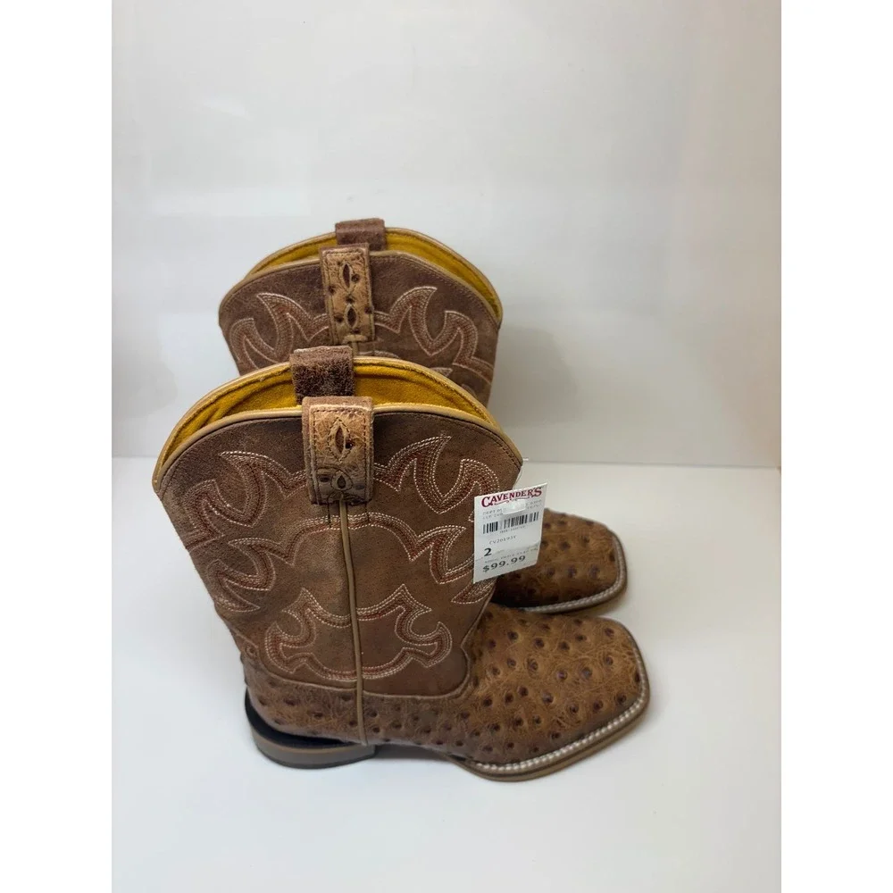 Cavenders Youth Ostrich Print Square Toe Cowboy Boots Brown CV20193Y Size 2D